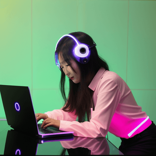 AI generated: A beautiful asia woman setting in front of her table for a online job interview with her laptop, she...