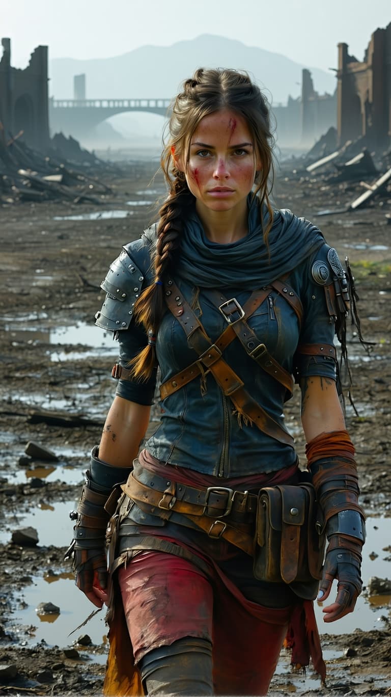 AI generated: A resilient wasteland scout, with weathered skin, a determined gaze and hair braided with found obje...