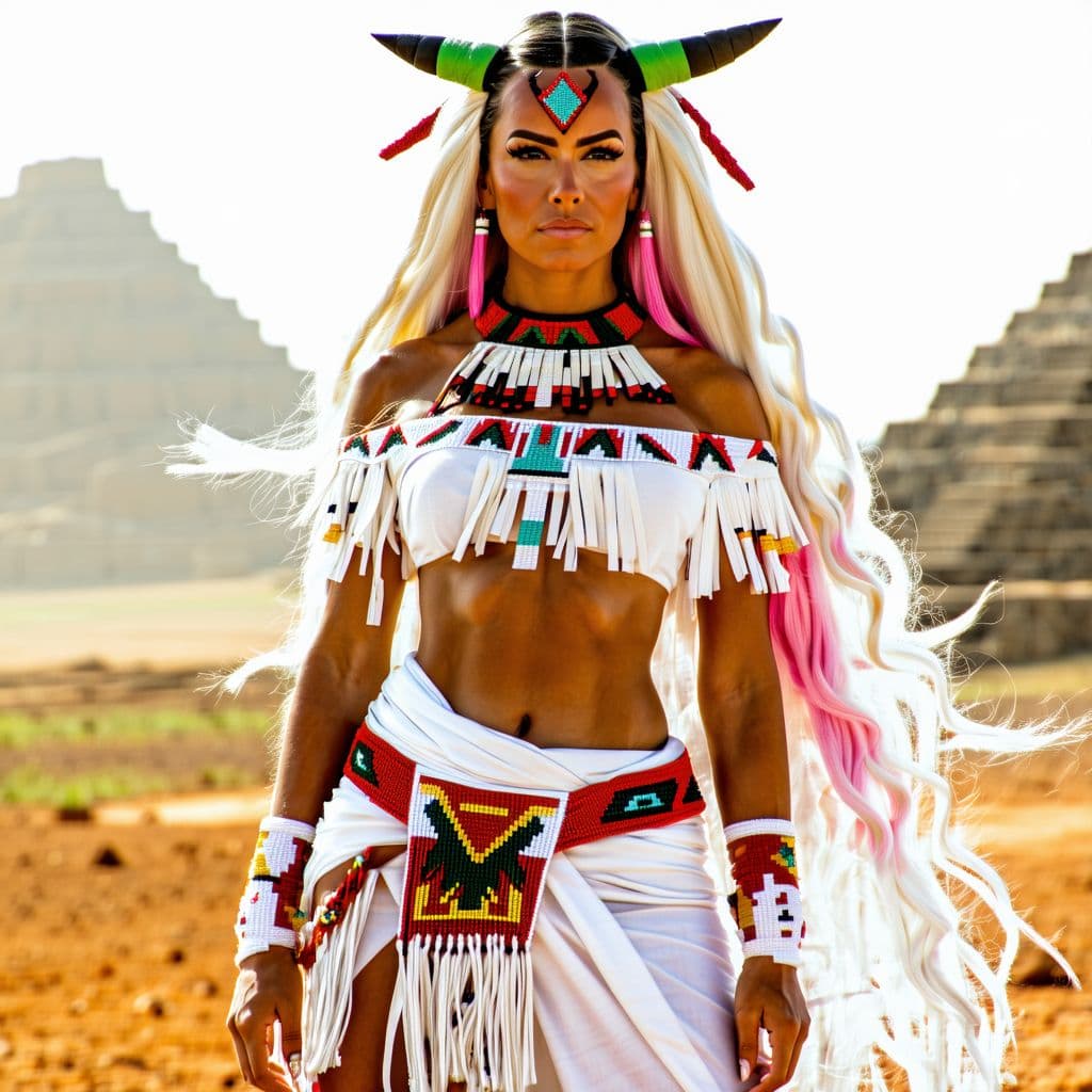 AI generated: Personaje femenino de dragonball, 30 años, tetas grandes, vestida al estilo azteca con pantalón de g...
