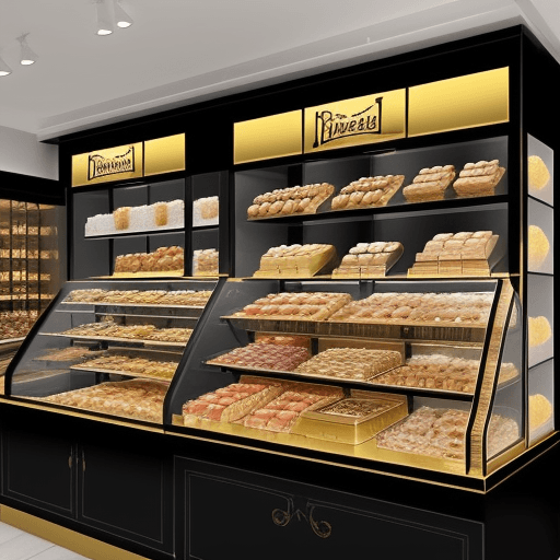AI generated: generate an image for a place that sells pastries and cold sweets, decorated with black and gold col...