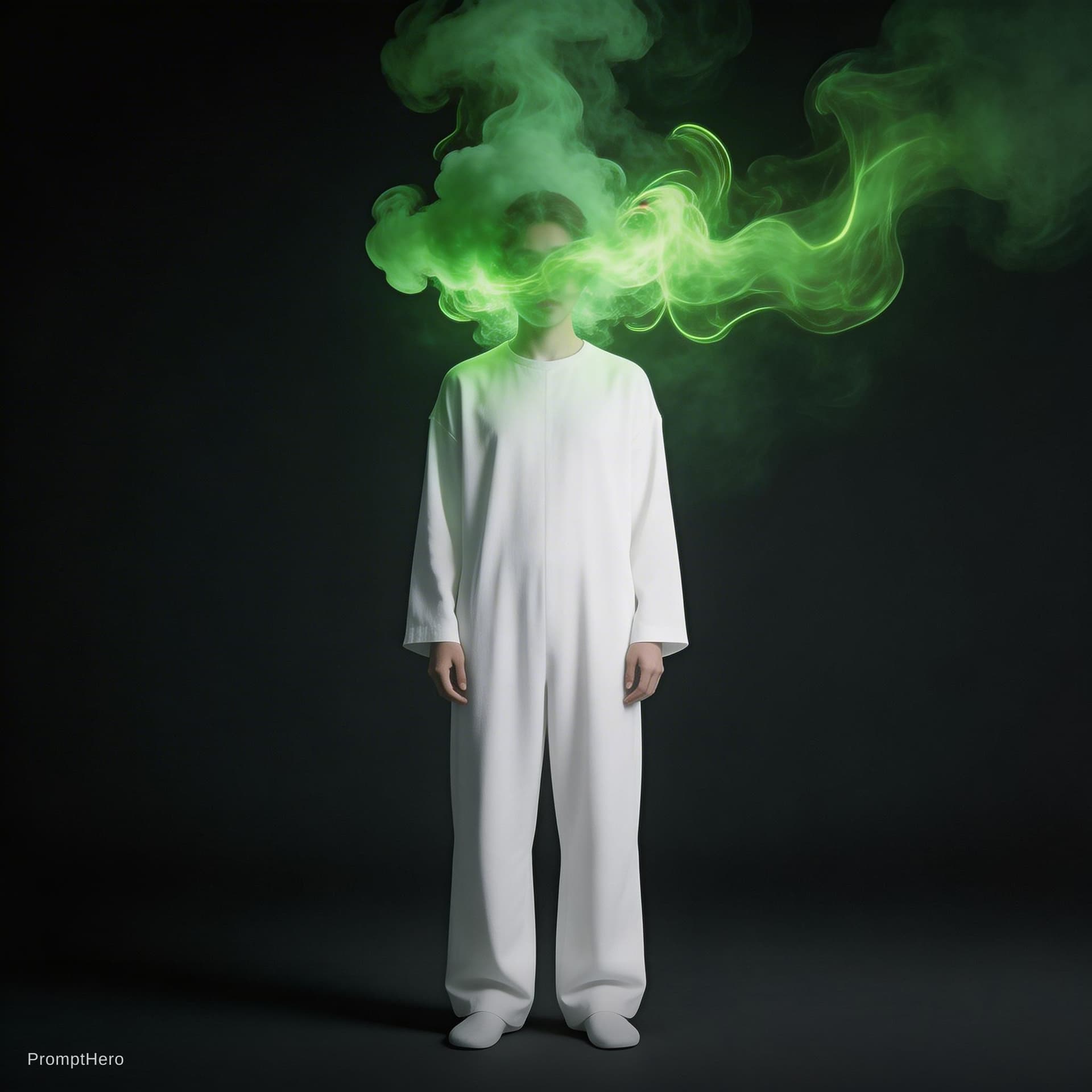 AI generated: photograph, front central shot, full-length, unknown gender figure, black and vibrant radioactive gr...
