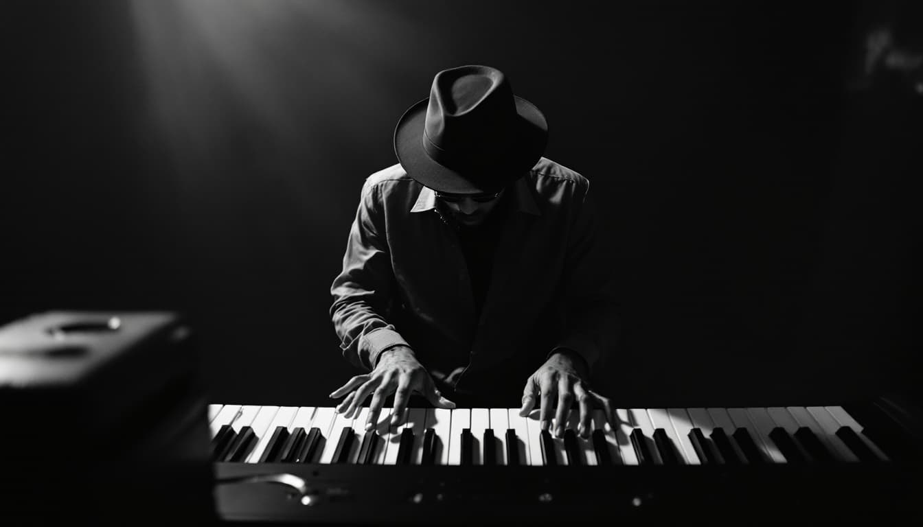 AI generated: Capture the essence of a jazz musician immersed in performance from drone.  Skillfully dancing over ...