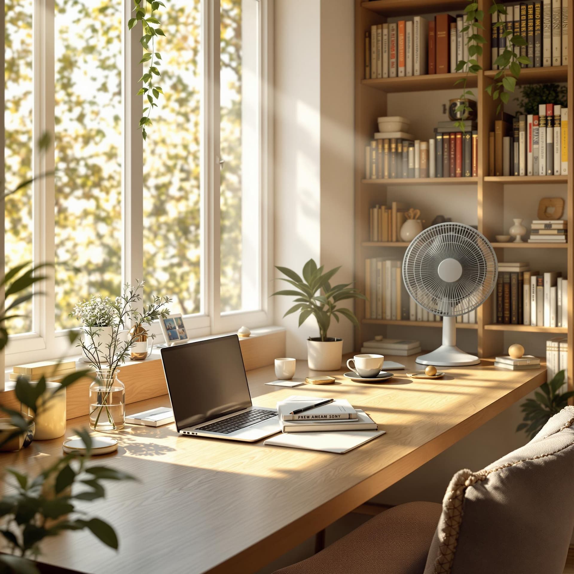 AI generated: Create an image of a peaceful and comfortable study room. The room features a sleek wooden desk with...