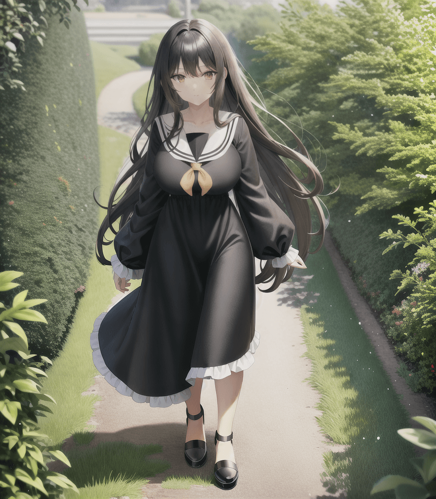 AI generated: (perfect anime illustration), 1girl, curly hair, long brown hair, (black sundress, huge breasts, whi...
