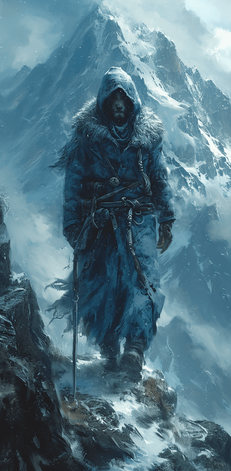 AI generated: wild frontier character walking over a mountain, in the style of sam spratt, dark blue and azure, wi...