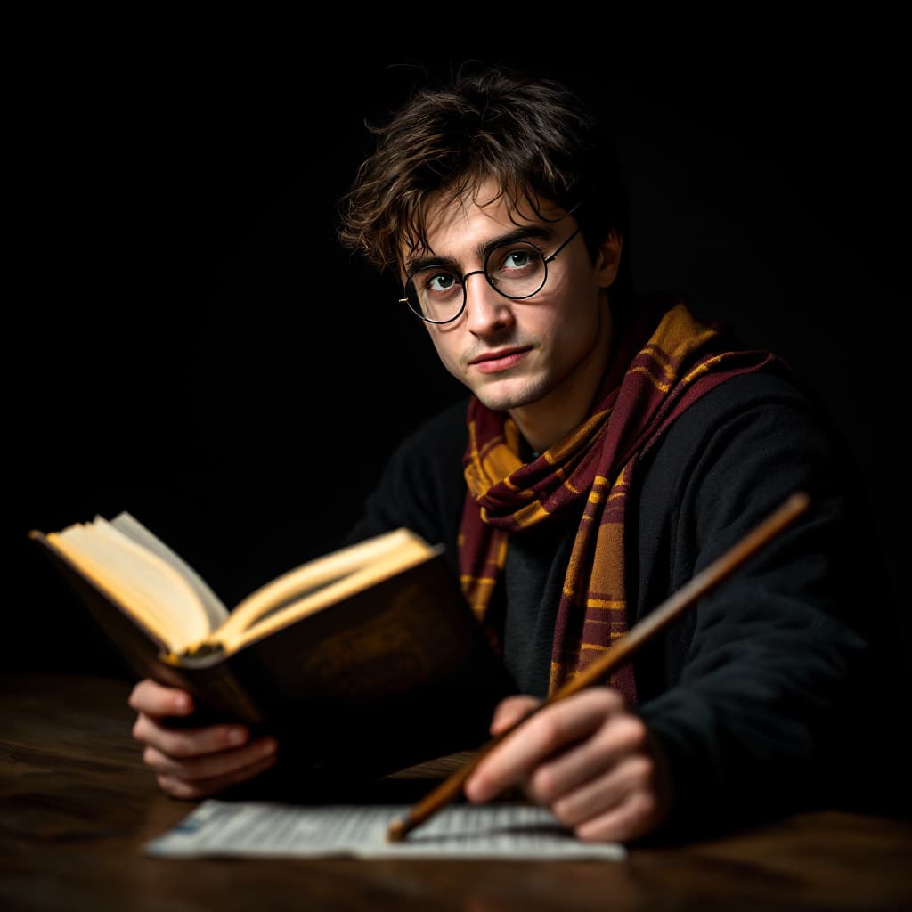 AI generated: harry potter, looking to the camera, book in his hand, his wand on the table, high quality, studio s...