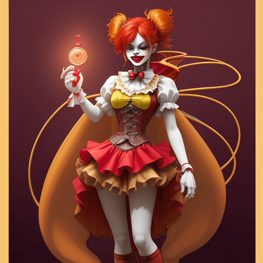 AI generated: a woman dressed as a clown with red hair, in the style of magical girl, colorful moebius, light yell...
