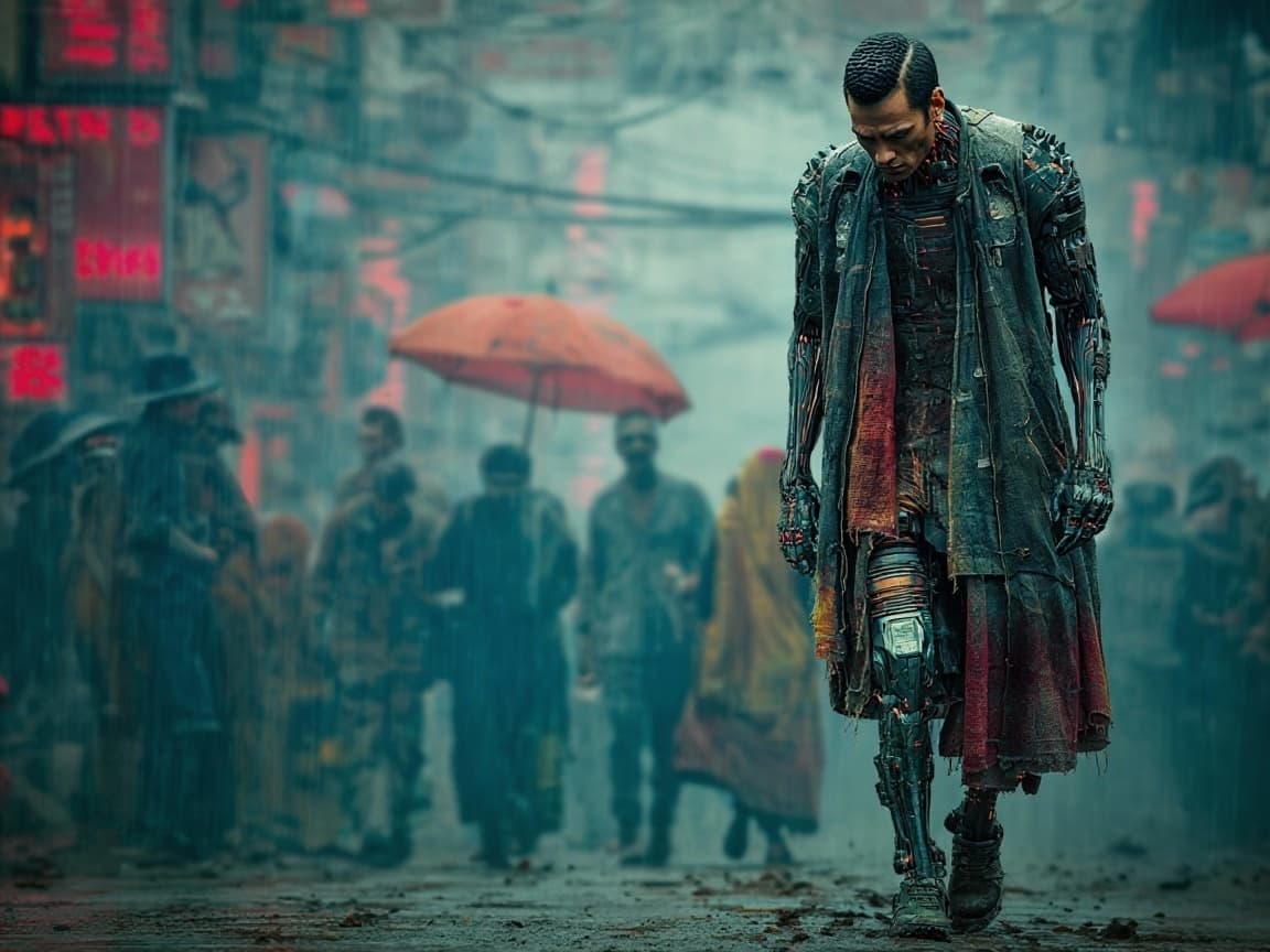 AI generated: Create an emotional dramatic dystopian image based on the movie Blade Runner. The image depicts a ba...