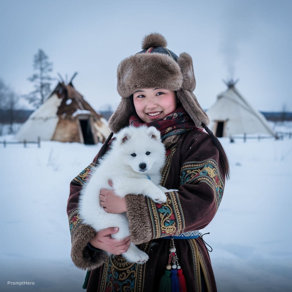 AI generated: in the winter of siberia, the landscape is snow-covered and beautiful. a young woman wearing traditi...
