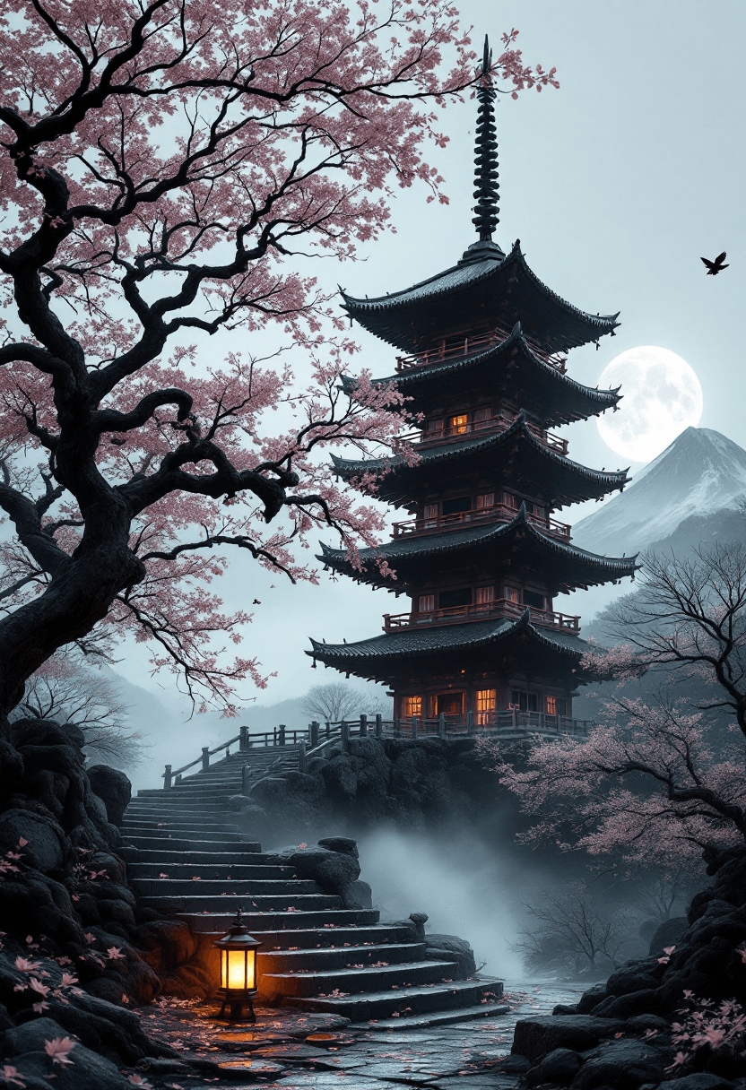 AI generated: A full traditional Japanese pagoda tower, off-center right, fully visible from base to spire, uncrop...