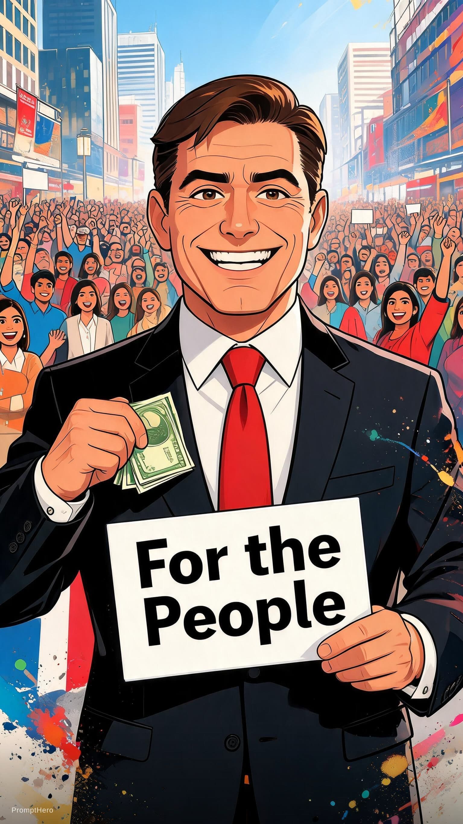 AI generated: A cartoon-style digital illustration of a generic politician standing in front of a crowd. The polit...
