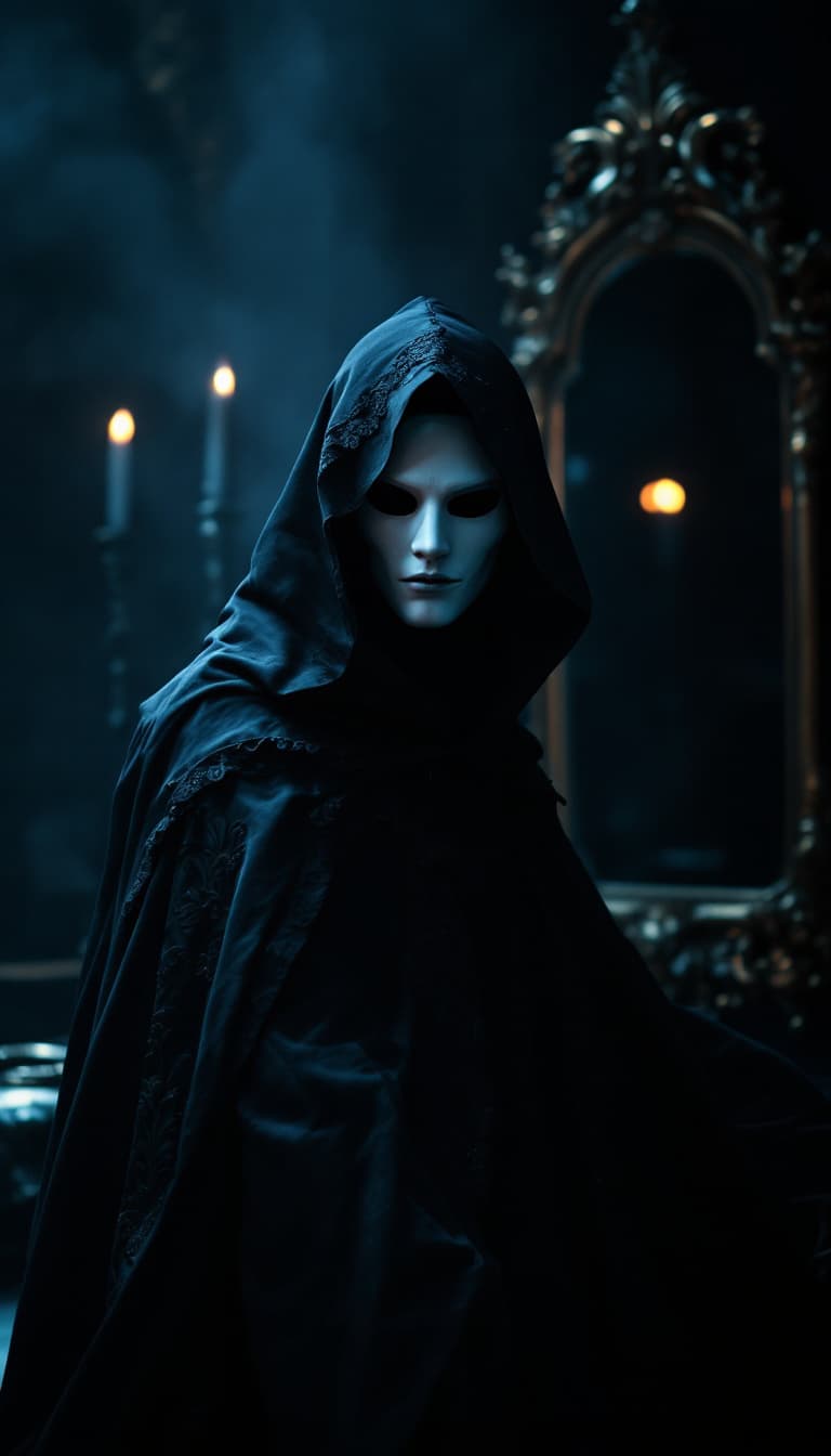 AI generated: Dramatic portrait of a masked mystic in a shadowy baroque chamber, wearing an intricate dark cape, p...