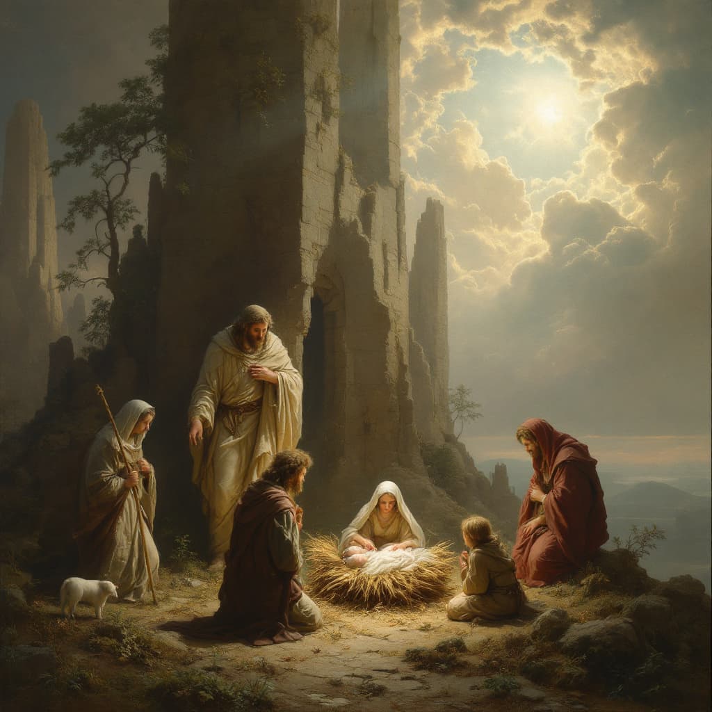 AI generated: A nativity scene in the style of Caspar David Friedrich's landscape painting.