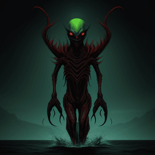 AI generated: Full body photo of a scary alien creature that looks like evil from sea, green deadly red eyes, horr...