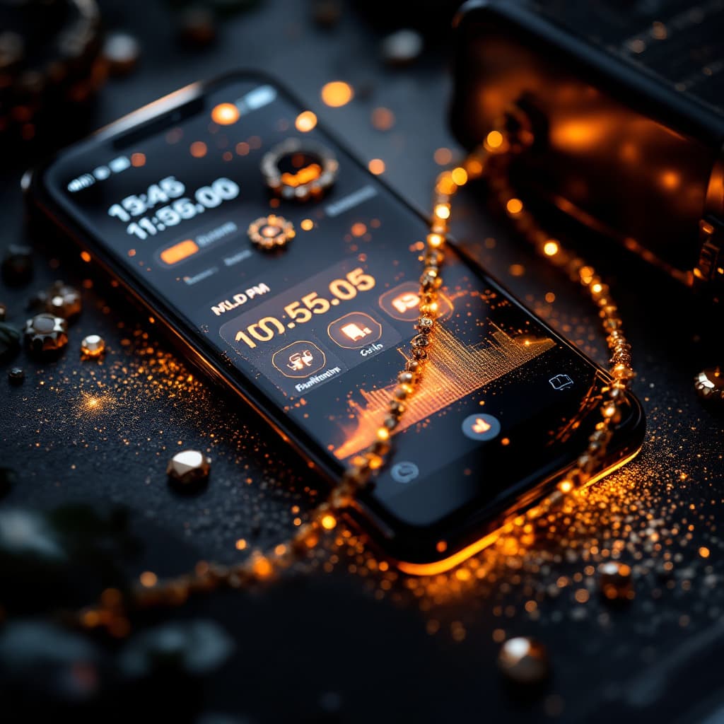 AI generated: A sleek smartphone with glowing UI elements on the screen. with jewellery with macro details 

