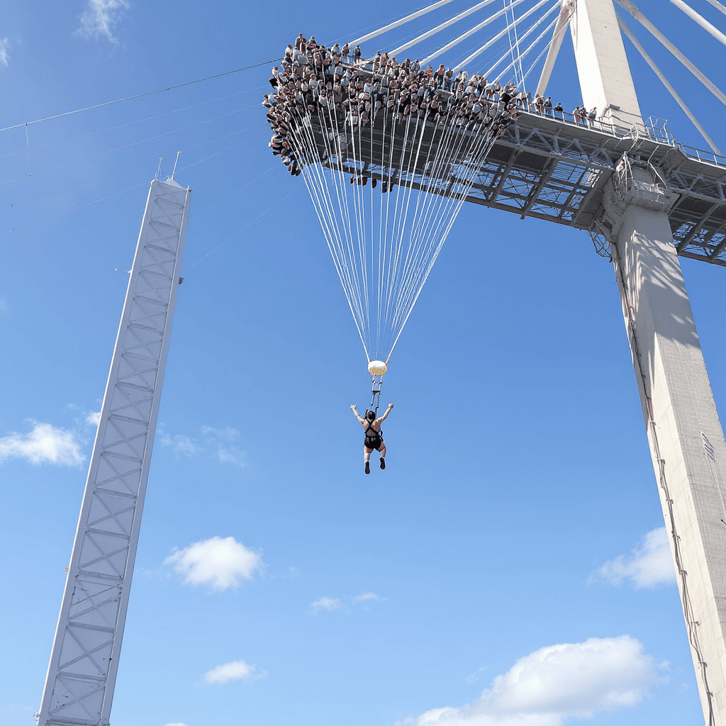 AI generated: highly detailed full-body image of people bungee jumping from a bridge

