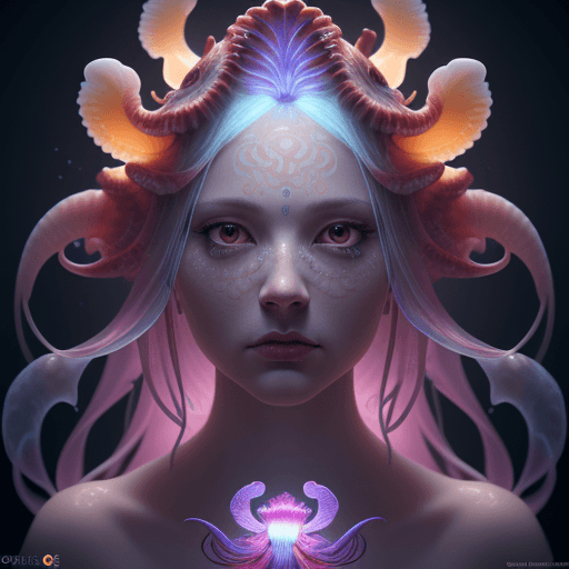 AI generated: Goddess close-up portrait ribcagel. jellyfish phoenix head, nautilus, orchid, skull, betta fish, bio...
