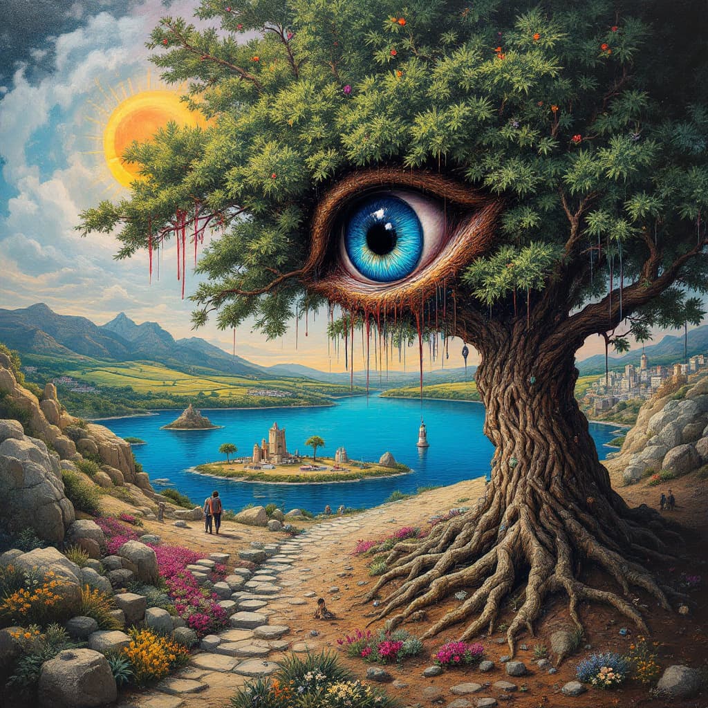 AI generated: an eye in a tree near water, in the style of brian despain, dripping paint, expansive landscapes, hi...
