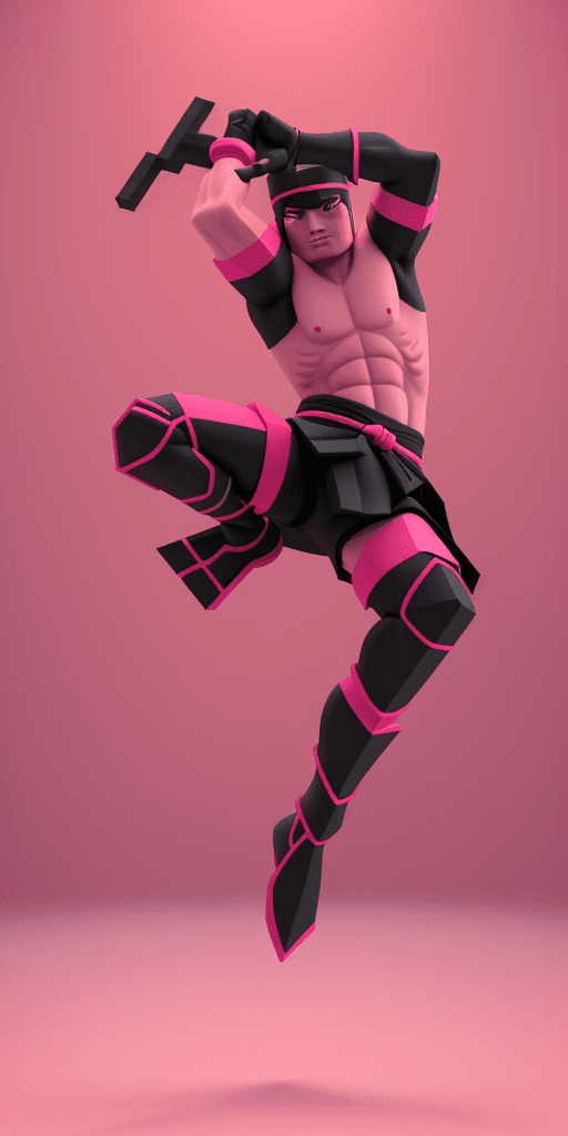 AI generated: (4k 4d rfktrstyle minecraft ninja in a power kick pose), Pastel Palette, Complex 3d render, Red aest...