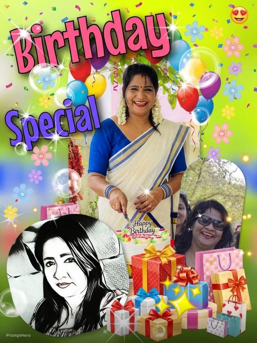 AI generated: Birthday card with attached photo, cutting a cake with full of gift boxes and in a celebration mode