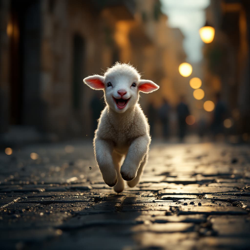 AI generated: a baby lamb running and laughing, streets of jerusalem, dark lights, cinematic, hyper realistic, det...
