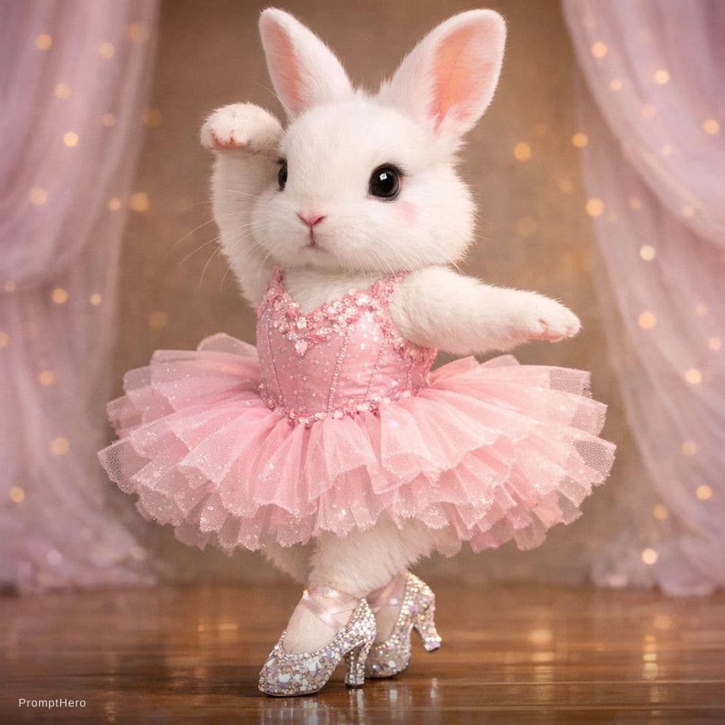 AI generated: A white rabbit with a pink dancing dress and crystal shoes