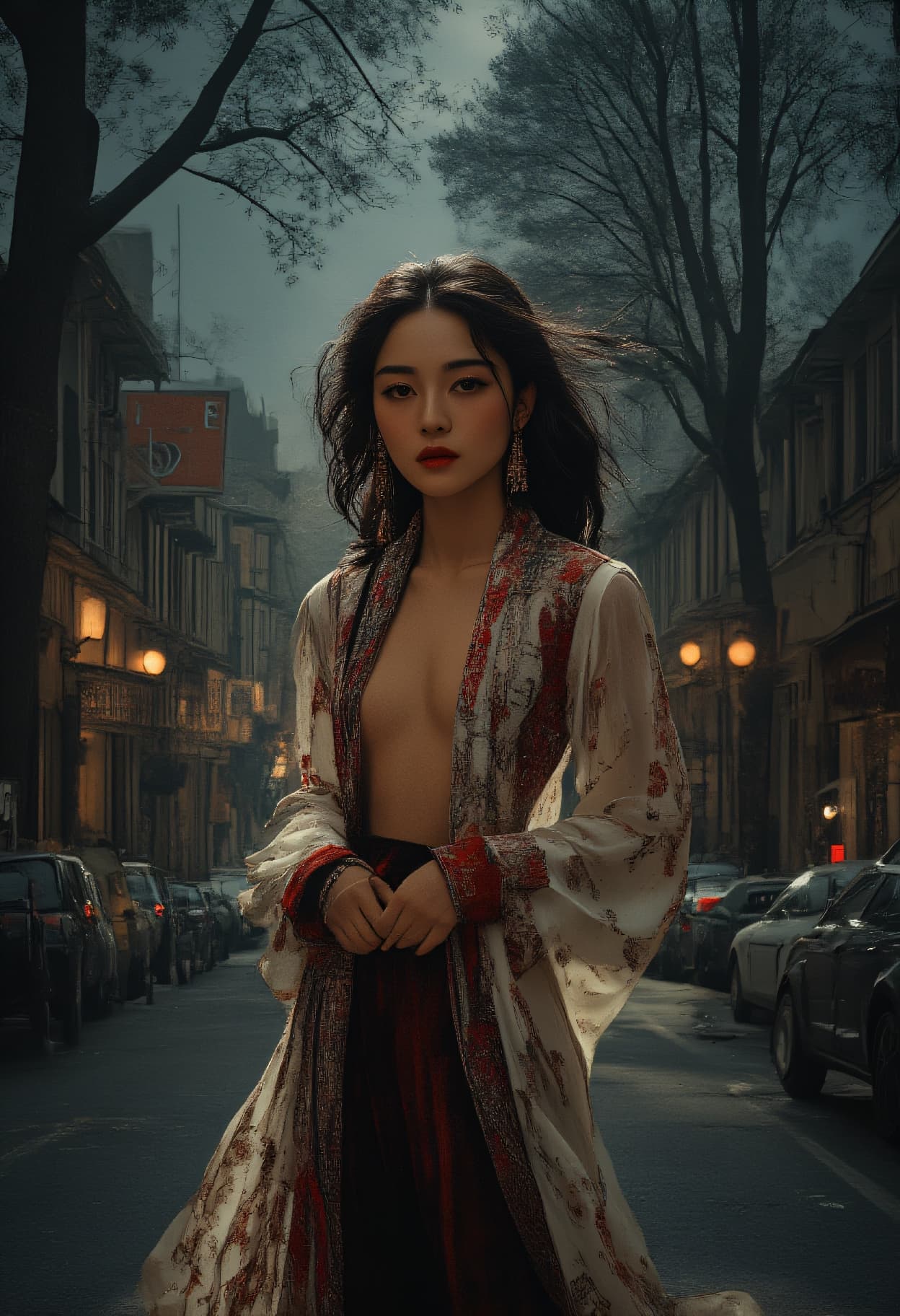 AI generated: night photography, Street fashion high angle photo of a 24-year-old Sami-Albanian female elegant ope...