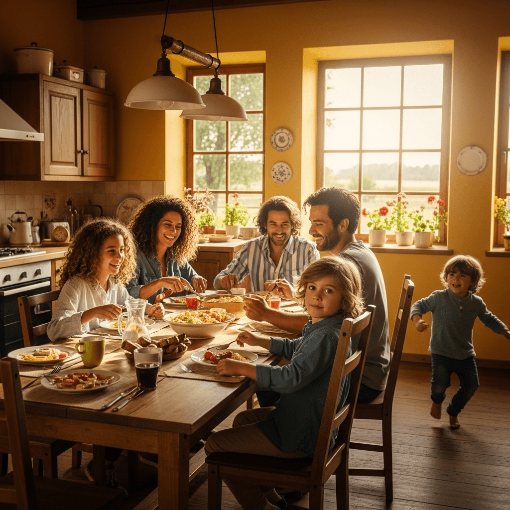 AI generated: Familia con cuatro hijos y yerno disfrutando en casa de campo