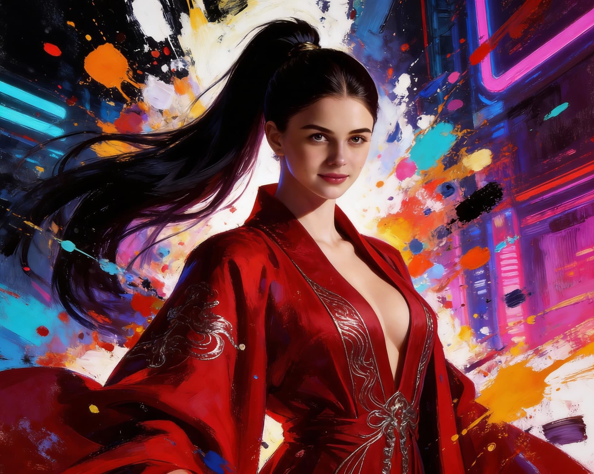 AI generated: A commanding, seductive young empress stands at the center, her long obsidian hair styled in a high,...