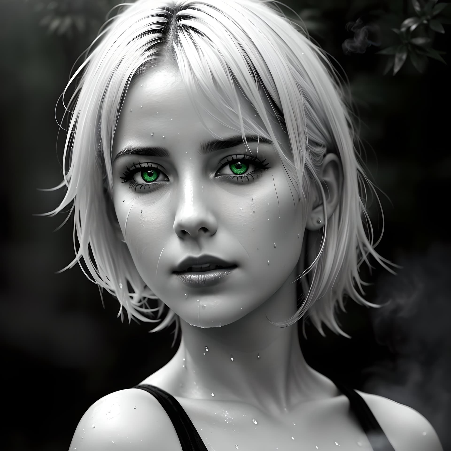 AI generated: pretty woman close up portrait, green glowing eyes, wet black and white hair, wet pale clear realist...
