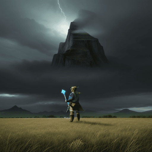 AI generated: High resolution render, digital painting, link from legend of Zelda, standing in a grassy field, hol...