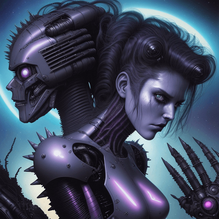 AI generated: a perfect Beautiful Amazing!! android female retrowave synthwave cyborg, space age, long retrowave m...
