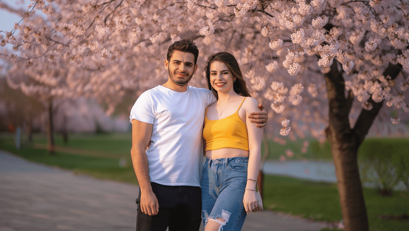 AI generated: Create an image with the two people attached together as a couple.  Avoid making alterations to the ...