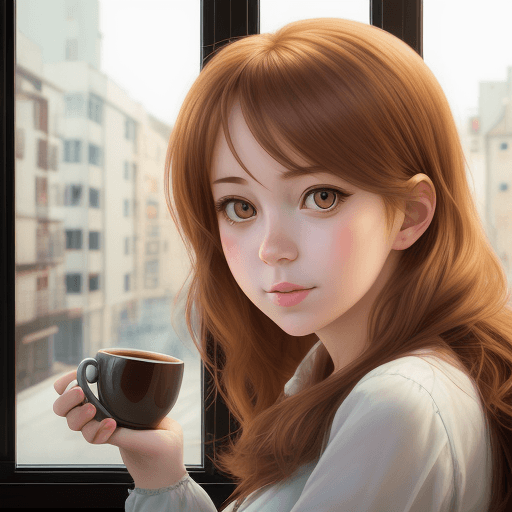 AI generated: Girl with coffee by window, in the style of charming anime characters, realistic portrait, photoreal...