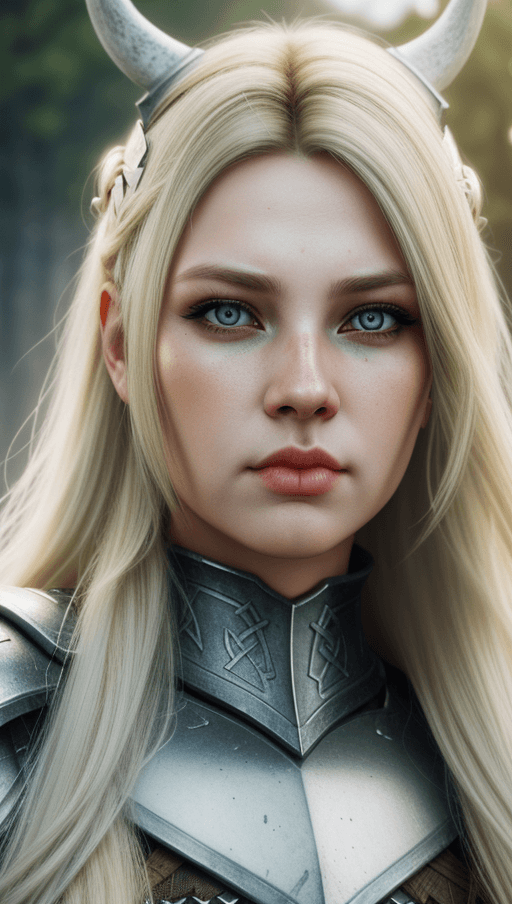 AI generated: A close-up photo of a very beautiful viking girl, with dark tips beige blonde hair, angelic face, se...