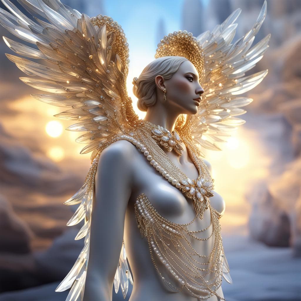 AI generated: a fantasy of an angelical woman with ice crystal angel wings, golden inlay, ice crystal angel person...