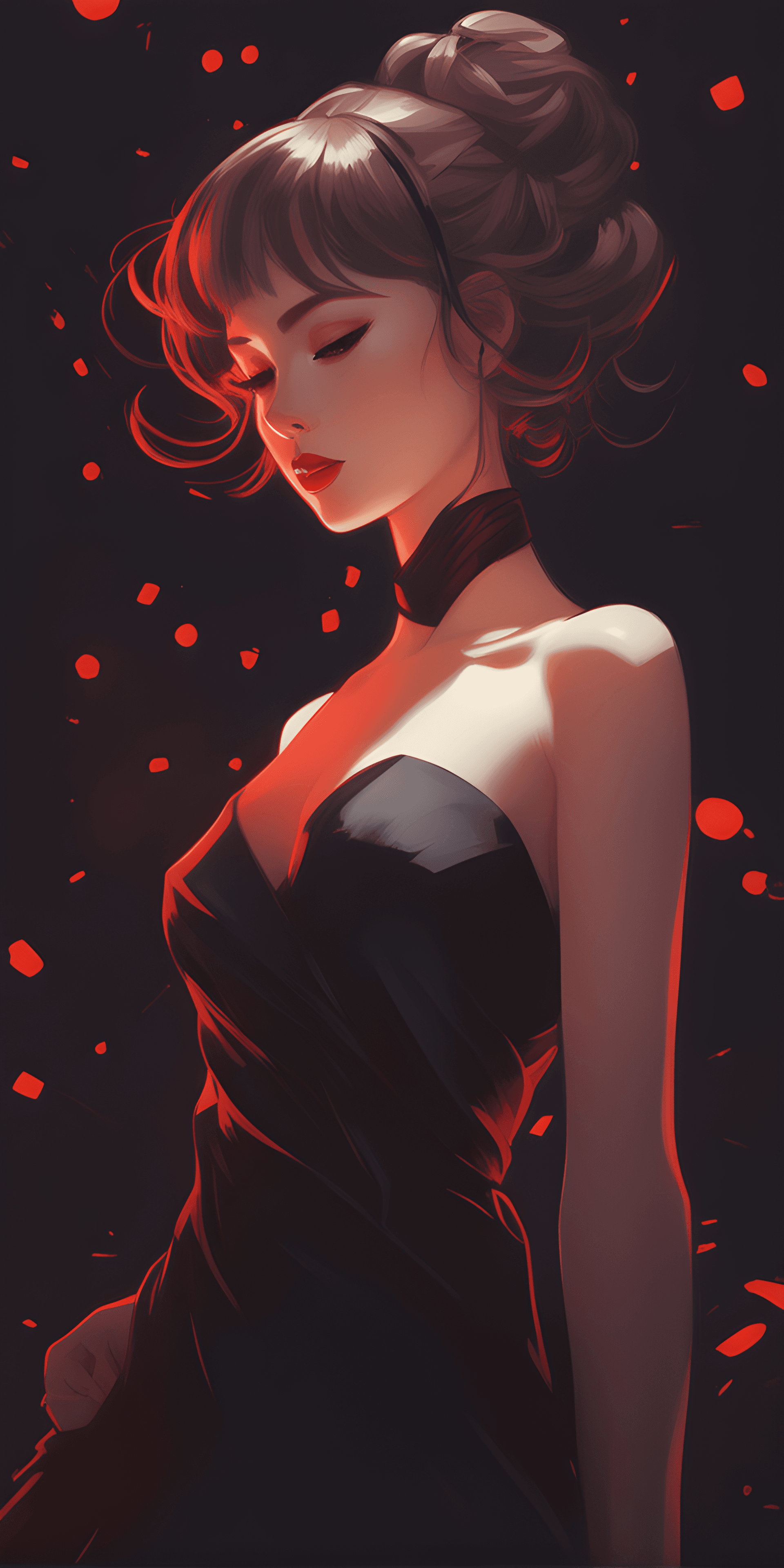 AI generated: a woman in a black dress with a red light around her, anime girl wearing a black dress, loish art st...