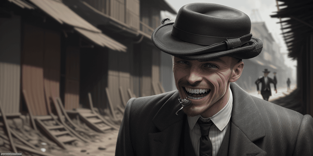 AI generated: photo of (TCr3ws:1), a man as a Peaky blinder, (laughing with bare teeth:1.3), (face focus), modelsh...