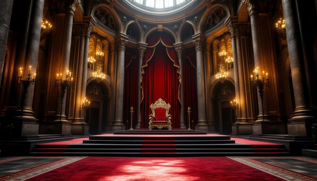 AI generated: a grand, ornate throne room with a majestic red carpet leading up to a raised platform, where a thro...
