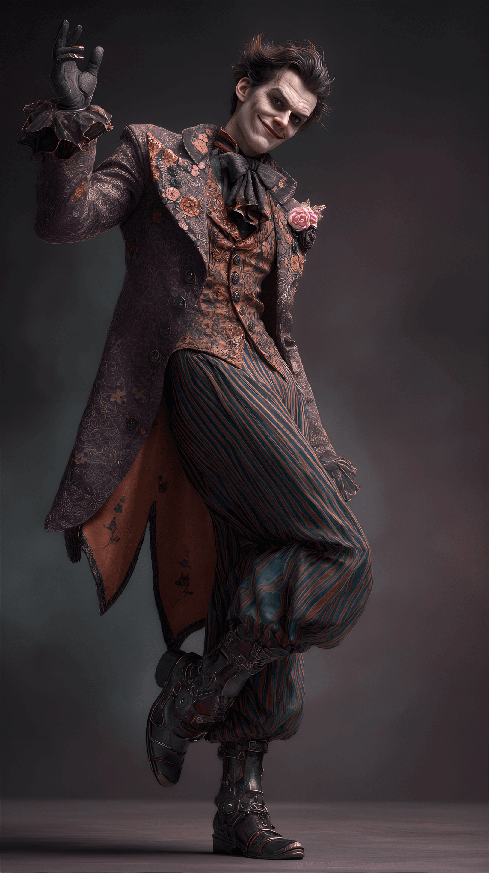 AI generated: Male character, young adult, Caucasian, The Joker,  pose of playful confidence,  standing with one a...