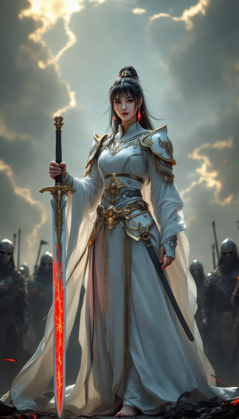AI generated: Full body view of  a Female oriental knight in full armor, hkstyle, white with gold embellishments, ...