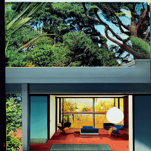 AI generated: hyper realistic eye level exterior photo of a mid century modern style house overlooking the ocean, ...