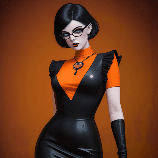 AI generated: create image of woman, style goth girl astestic, velma from scooby-doo, a woman wearing eye glasses ...