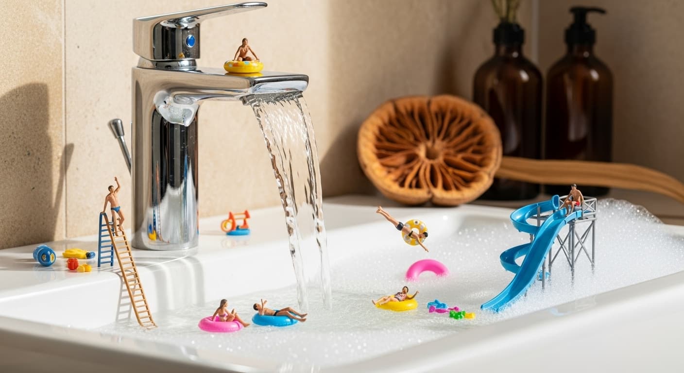 AI generated: A dreamy, detailed modern bathroom scene. A chrome faucet pours a smooth waterfall into a white sink...