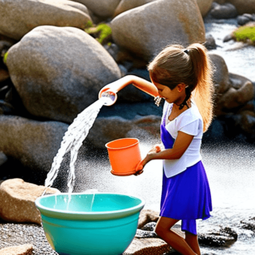 AI generated: a girl pouring water from a bowl onto rocks
