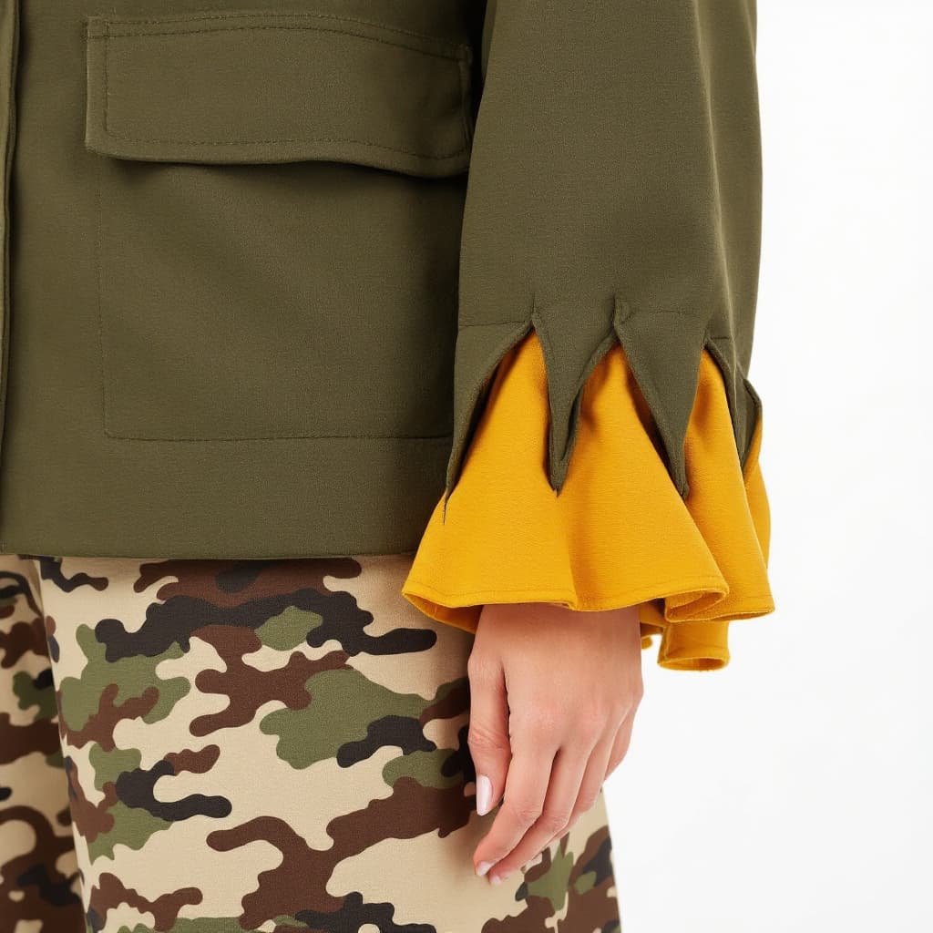 AI generated: High-resolution photograph of a woman wearing a military-style jacket in Ranger green, featuring two...