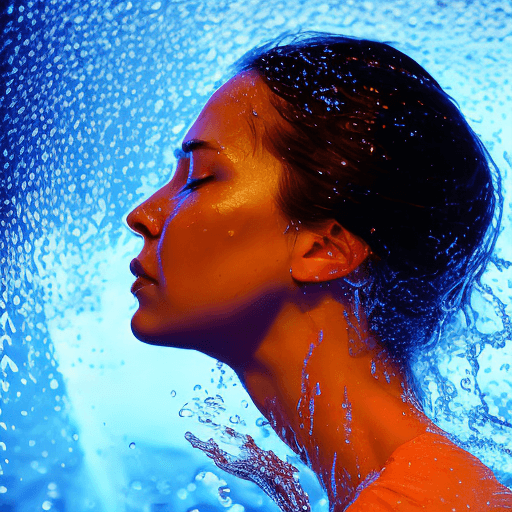 AI generated: A woman stands with her back and side profile visible, surrounded by splashing water. She is illumin...