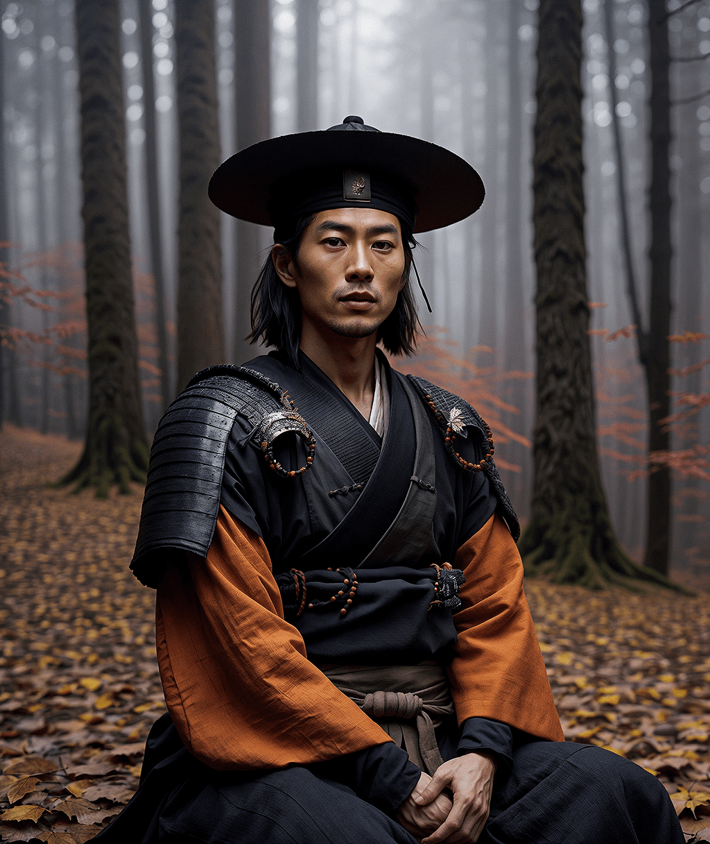 AI generated: ([hdr, film still] lifelike textures),a samurai sitting surrounded by autumn forest,falling orange l...