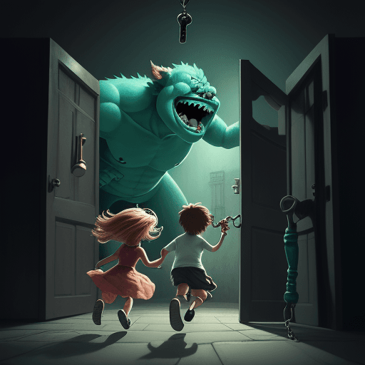 AI generated: animated drawing of two children running away from a monster while one is holding a lock and the oth...