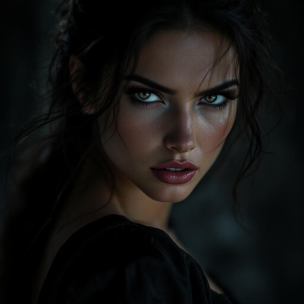 AI generated: Beautiful fierce-looking woman, three-quarter view turn, intense eyes full of power and emotion, sli...
